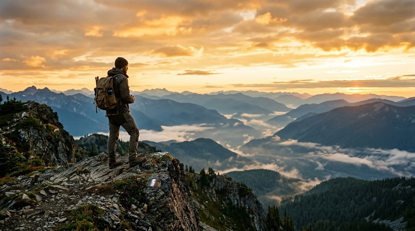 Explorador contemplando montanhas ao pôr do sol